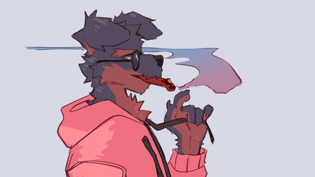 anthro biped black_body black_eyes black_fur brown_body brown_fur cigar clothing eyewear floppy_ears fur glasses hoodie male red_clothing red_hoodie red_topwear slim_anthro slim_male smoking smoking_cigar solo topwear wearing_glasses hemuchang canid canine canis domestic_dog mammal 16:9 2021 4k absurd_res hi_res widescreen