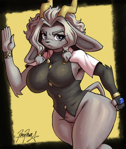 angry anthro big_breasts bracelet breasts clothing female horn jewelry looking_at_viewer running solo thick_thighs rakurawr pseudoregalia sybil_(pseudoregalia) bovid caprine goat mammal hi_res
