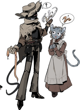 ambiguous_gender anthro black_body black_ears black_tail blue_body blue_tail bonnet bottomless bottomwear brown_clothing brown_gloves brown_handwear brown_poncho brown_topwear clothed clothing cowboy_hat dipstick_ears dress duo ear_markings feral footwear furgonomics gloves grin gun handwear hat headgear headwear holding_object holster maid_uniform markings missing_tooth multicolored_ears pants poncho question_mark ranged_weapon red_clothing red_eyes red_shirt red_topwear shirt shoes size_difference smile solo speech_bubble standing striped_markings striped_tail stripes tail tail_markings topwear uniform weapon white_clothing white_dress kukio475097 mewgenics zodiac_(mewgenics) domestic_cat felid feline felis mammal reptile scalie snake 2026 hi_res