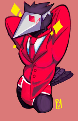 anthro barazoku blush bulge butler clothing male mask muscular red_clothing solo suit underwear mushed_apricot deltarune undertale_(series) avian darkner swatchling hi_res