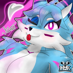 anthro big_breasts blue_body blue_fur blue_skin breasts female fox_ears fur looking_at_viewer multicolored_body one_eye_closed pose sharkyfur side_view solo text tongue tongue_out wink hesneyr_kamu canid canine fox mammal 1:1 absurd_res character_name hi_res icon official_art pinup