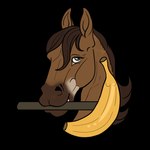 ambiguous_gender banana blue_eyes brown_body brown_hair brown_mane eyebrows eyelashes feral food fruit hair looking_at_viewer mane plant question_mark smile solo text kukan97 dolero equid equine horse mammal 1:1 2024 alpha_channel digital_media_(artwork) english_text