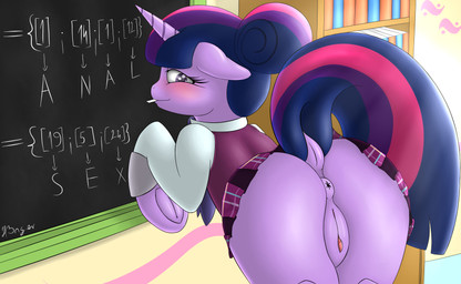 anus blush bottomless bottomwear butt classroom clitoris clothed clothing dock_(anatomy) female feral fur genitals hair horn looking_at_viewer mooning multicolored_hair presenting presenting_anus presenting_hindquarters presenting_vulva school school_uniform skirt smile solo tail uniform vulva h3nger friendship_is_magic hasbro my_little_pony mythology twilight_sparkle_(mlp) equid equine mammal mythological_creature mythological_equine unicorn 2015 digital_media_(artwork) hi_res