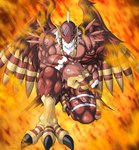 anthro biceps blonde_hair claws feet hair kneeling male mask muscular muscular_anthro pecs solo talons toes wings guzu_kuo bandai_namco digimon avian digimon_(species) garudamon hi_res