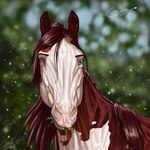 ambiguous_gender blue_eyes blurred_background brown_body brown_mane eating empty_eye_socket feral glistening glistening_eyes grass looking_at_viewer mane mouth_closed plant solo white_body scarlanya scarla_(scarlanya) equid equine horse mammal 1:1 2020 dated signature female_(lore)