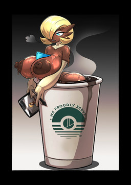 areola beverage big_breasts blonde_hair blue_eyes breasts brown_body brown_nipples butt coffee coffee_cup container cup eyeshadow female glistening glistening_body glistening_breasts glistening_butt glistening_hair hair holding_object huge_breasts makeup nipples solo tablet tablet_pen yellow_eyeshadow taharon nintendo pokemon cadbury_(pagan_ru) gardevoir generation_3_pokemon humanoid pokemon_(species) 2025 hi_res