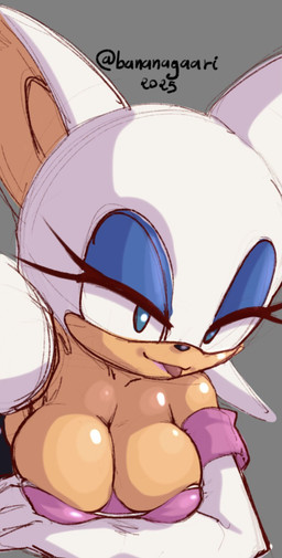 anthro armwear big_breasts black_nose blue_eyes blue_eyeshadow breasts cleavage clothed clothing elbow_gloves eyelashes eyeshadow female fur gloves grey_background handwear looking_at_viewer makeup simple_background solo tan_body tan_fur tongue tongue_out white_body white_clothing white_fur white_gloves white_handwear bananagaari sega sonic_the_hedgehog_(series) rouge_the_bat bat mammal hi_res sketch