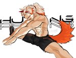 aerobics anthro bottomwear clothing fur hair horn long_hair looking_at_viewer male muscular muscular_anthro muscular_male orange_hair orange_tail shorts solo tail tan_body tan_fur white_hair yellow_body yellow_fur yummi_yam_i arknights hypergryph studio_montagne hung_(arknights) canid canine canis domestic_dog mammal 2021 hi_res