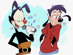 anthro blush clothed clothing duo electronics embarrassed eyes_closed half-closed_eyes hand_in_pocket hands_in_both_pockets heart_symbol holding_object love male male/male microphone musical_note musical_symbol narrowed_eyes on_model pockets shy simple_background singing star symbol sofia_n_nebula animaniacs animaniacs_(2020) disney goof_troop hulu warner_brothers max_goof yakko_warner canid canine canis domestic_dog inkblot mammal