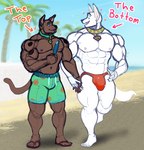 abs anthro anthro_on_anthro anthrofied barazoku barefoot beach biceps big_bulge big_muscles blurred_background bulge clothed clothing collar day deltoids directional_arrow duo eyebrows feet food footwear fur hand_holding heart_symbol huge_muscles male male/male muscular muscular_anthro muscular_male navel nipples obliques open_mouth open_smile outside palm_tree pecs plant popsicle romantic romantic_couple sand sandals seaside shadow shoes smile speedo swimming_trunks swimwear text thick_thighs tongue tongue_out topless topless_anthro topless_male tree tuft walking water nubruki_(artist) dc_comics hanna-barbera krypto_the_superdog scooby-doo_(series) warner_brothers krypto scooby-doo canid canine canis domestic_dog great_dane mammal mastiff molosser 2023 crossover english_text