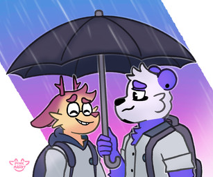 anthro antlers clothing duo ear_piercing ear_ring eyes_closed fur horn male piercing purple_body purple_fur raining ring_piercing simple_background smile umbrella white_body white_fur yellow_body yellow_fur pink_marky mike_(pink_marky) oliver_(pink_marky) bear giant_panda jackalope lagomorph mammal 6:5