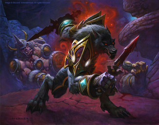 anthro armor barefoot blood bodily_fluids brown_body brown_fur claws dagger digitigrade feet fur grey_body grey_fur group headgear helmet holding_dagger holding_melee_weapon holding_object holding_weapon male melee_weapon red_eyes rogue solo_focus text weapon alex_horley blizzard_entertainment warcraft world_of_warcraft_trading_card_game canid mammal ogre werecanid werecreature worgen english_text official_art