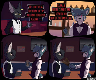 4_panel_comic 5_fingers :3 :< alcohol annoyed anthro bar bartender beverage big_tail biped black_body black_clothing black_fur black_nose black_shirt black_topwear blank_stare blue_body blue_ears blue_fur bottle bow_tie button_(fastener) cheek_tuft city claws clothing coffee collared_shirt condescending container cup dialogue duo ear_piercing ears_up ellipsis empty_eyes eye_contact eye_through_hair eyebrow_through_hair eyebrows eyelashes eyelashes_through_hair eyewear facial_tuft fangs fingers floor fluffy fluffy_hair fur furniture gesture glass glass_container glass_cup glasses gold_button_(fastener) gold_glasses hair head_tuft holding_beverage holding_object humanoid_hands humor iced_coffee inside lamp looking_at_another looking_at_viewer male markings menu narrowed_eyes neck_tuft necktie night painting_(object) piercing pink_ears pink_eyes pink_sclera pivoted_ears pointy_ears purple_bow_tie purple_clothing purple_suit question_mark raised_finger raised_pinky red_eyes reflection sad seat serving_beverage shelf shirt skyline smirking_at_another speech_bubble spilling_drink standing striped_markings stripes suit table tail tail_down teeth text throwing_object topwear translucent translucent_hair tuft unimpressed upset wall_(structure) water white_body white_clothing white_fur white_markings white_necktie white_sclera white_shirt white_suit white_topwear window suitedwolfie cain_(suitedwolfie) reid_(suitedwolfie) ailurid bat mammal red_panda wingless_bat 2025 comic digital_drawing_(artwork) digital_media_(artwork) english_text hi_res watermark