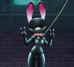 alec8ter anthro bdsm blindfold bodysuit clothed clothing collar collar_tag conditional_dnp dipstick_ears disney female flat_chested front_view gag gagged gesture gimp_suit hand_gesture hi_res huebris judy_hopps lagomorph latex leash leporid looking_at_viewer mammal mask multicolored_ears rabbit skinsuit solo text tight_clothing v_sign zipper zootopia