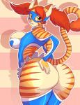 anthro big_breasts big_butt breasts butt butt_pose cosplay curvy_figure female hand_on_butt hand_on_own_butt pose side_boob solo stripes thick_thighs voluptuous wide_hips jaeh capcom street_fighter loree rainbow_mika domestic_cat felid feline felis mammal 2015