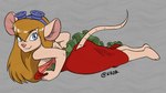 anthro barefoot blue_eyes breasts_tied clothing cosplay dress eyewear eyewear_on_head feet female frilly goggles goggles_on_head looking_back lying on_front solo tail nrok chip_'n_dale_rescue_rangers disney gadget_hackwrench humanoid mammal murid murine rat rodent 16:9 hi_res widescreen