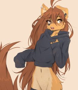 anthro biped breasts clothed clothed_anthro clothed_female clothing female fingers front_view fur hair navel no_underwear simple_background solo standing tail teeth tongue tinygaypirate apogee_(tinygaypirate) canid canine canis domestic_dog mammal 2026 absurd_res digital_drawing_(artwork) digital_media_(artwork) hi_res