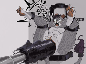 anthro big_breasts black_dildo bodily_fluids breasts brown_hair brown_tail_tuft butt cuff_(restraint) cuffed_ankles dildo fast_sex feet female forced fucking_machine fur genital_torture genitals grey_body grey_fur hair hands_behind_head huge_dildo leg_cuffs machine markings motion_blur nude open_mouth pasties paws penetration pussy_torture rape restraints ridiculous_fit scared sex sex_toy simple_background snout soles solo spots spotted_body spotted_fur sweat sweaty_body sweaty_butt tail tail_cuff tail_tuft tears toes tremble_spikes tuft vulva yellow_eyes furbo kayette felid feline mammal 2026 4:3 absurd_res hi_res