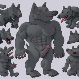 abs anthro barking cackling caricature erection feet fur genitals glans grey_body grey_fur group howl humanoid_feet male muscular muscular_male pack pecs penis pink_glans plantigrade simple_background small_nipples standing wolf_pack ravuer canid canine canis mammal wolf 1:1 hi_res