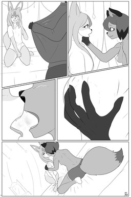 anthro bed breast_grab breasts clothing duo female female/female furniture hand_on_breast kissing open_mouth tongue tongue_out undressing undressing_another undressing_partner unusualmatias brand_new_animal studio_trigger michiru_kagemori nazuna_hiwatashi canid canine fox humanoid mammal raccoon_dog tanuki 2:3 absurd_res hi_res monochrome