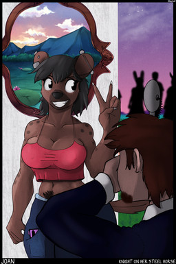 anthro belly big_breasts black_hair bottomwear breasts brown_body brown_fur camera clothing crop_top denim denim_bottomwear denim_clothing duo dusk ear_piercing electronics facial_markings female fur gesture hair hand_gesture head_markings jeans male male/female markings midriff multicolored_body multicolored_fur multiple_piercings muzzle_(marking) navel nipple_outline painting_(object) pants phone piercing pube_peek pubes red_clothing red_topwear shirt smile smiling_at_another spaghetti_strap spaghetti_top spots spotted_body spotted_fur tail text topwear v_sign wedding_night cosmonaut human hyena mammal english_text hi_res signature story story_in_description