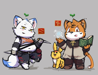 anthro biped black_nose book chibi clothed clothing cosplay feral group kemono magic orange_body weapon white_body yellow_body kusosensei final_fantasy final_fantasy_xiv square_enix felid mammal 2022 hi_res