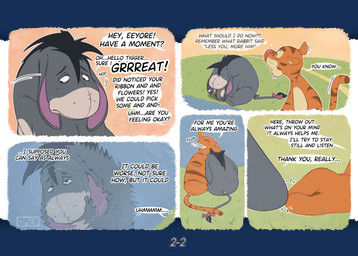 accessory anthro big_chin big_nose black_eyes black_hair black_stripes blue_body blush blush_lines bodily_fluids bow_(feature) bow_accessory bow_ribbon carrying_another carrying_partner charming clothed clothed_anthro clothing comic_panel depression dialogue dot_eyes duo eyebrows eyes_closed field fingers floppy_ears frown fur glistening grass grey_body hair hair_accessory hair_bow hair_ribbon hands_touching head_down logo long_tail looking_at_another looking_at_reflection looking_at_viewer looking_away male male/male markings mitten_hands multicolored_body multicolored_fur nail nodding nude nude_anthro nude_male open_mouth orange_body orange_fur partially_clothed pink_nose plant reflection ribbons road sad simple_background simple_eyes sitting smile smiling_at_viewer sparkles speech_bubble striped_body striped_fur striped_markings striped_tail stripes sweat sweatdrop tail tail_markings text textured_background thin_eyebrows turnaround water water_reflection water_ripple whiskers white_body white_fur yellow_body yellow_omen disney winnie_the_pooh_(franchise) eeyore tigger asinus donkey equid equine felid mammal pantherine tiger 2025 absurd_res artist_logo artist_name colored comic digital_drawing_(artwork) digital_media_(artwork) english_description english_text hi_res multiple_images multiple_scenes shaded watermark