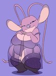 antennae_(anatomy) anthro big_breasts biped breasts clothed clothing ear_markings eyelashes female footwear hand_on_breast hand_on_own_breast long_antennae markings narrowed_eyes overweight overweight_anthro overweight_female pink_body purple_background purple_clothing purple_footwear purple_markings purple_nose purple_shoes shoes short_stack simple_background smile solo sparkles thick_thighs translucent translucent_clothing veil pixelz disney lilo_and_stitch angel_(lilo_and_stitch) alien experiment_(lilo_and_stitch) 2023 hi_res