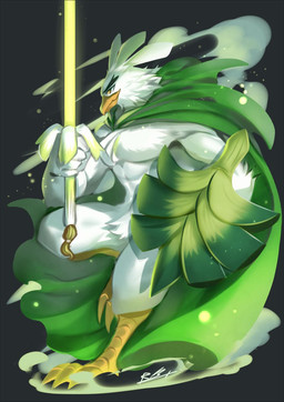 abs anthro cape clothing male melee_weapon muscular muscular_anthro muscular_male pecs shield solo sword weapon rabbity nintendo pokemon avian generation_8_pokemon pokemon_(species) sirfetch'd hi_res