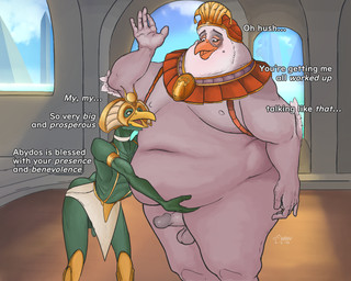 anthro balls barely_visible_balls barely_visible_genitalia barely_visible_penis beak belly belly_grab belly_overhang big_belly butt chubby_cheeks crown detailed_background duo egyptian erection feathers flaccid genitals glans green_body grey_body hand_on_another's_belly headdress headgear looking_at_another looking_at_partner love_handles male male/male mask moobs navel nipples obese obese_male orange_beak overweight overweight_male penis size_difference slim slim_male talking_to_another talking_to_partner text thick_thighs weight_difference wide_hips yellow_beak krowbutt sphinx_and_the_cursed_mummy avian bird 5:4 english_text