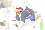 alcohol all_fours anthro beer beverage bottomwear butt clothing drinking footwear hat headgear headwear jockstrap male shoes shorts simple_background solo text underwear white_background rain-yatsu avian bird 3:2 english_text hi_res