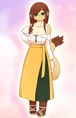 abstract_background anthro bare_shoulders biped breasts brown_body brown_fur brown_hair cleavage clothed clothing countershading dipstick_tail dress female footwear fur green_eyes hair inner_ear_fluff looking_at_viewer markings medium_hair orange_body orange_fur pink_background sandals shirt shoes simple_background solo tail tail_markings tan_body tan_countershading tan_fur topwear tuft ohakotome two_beasts_or_not_to_beast tome_(character) mammal primate strepsirrhine unknown_species official_art