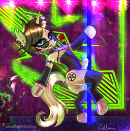 clothed clothed_feral clothing corset dancing feral genitals lingerie lingerie_on_feral male neon penis pole pole_dancing rave solo suit topwear caliluminos hasbro my_little_pony equid equine horse mammal pony absurd_res hi_res