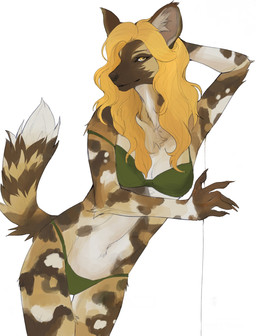 anthro big_breasts bikini blonde_hair breasts brown_body brown_fur clothing curvy_figure female fur green_bikini green_clothing green_swimwear hair hand_behind_head long_hair looking_at_viewer markings muscular muscular_female pose solo spots spotted_body spotted_fur swimwear two-piece_swimsuit white_body white_fur yellow_eyes unknown_artist yecahoo african_wild_dog canid canine mammal hi_res