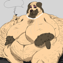 anthro armpit_hair bald belly big_belly big_breasts big_butt big_nipples body_hair breast_squish breasts brown_body brown_skin butt butt_hair cellulite chest_hair cigarette deep_navel dialogue_box elderly elderly_anthro elderly_female erect_nipples eyebrows eyelashes eyeshadow female gem hairy_breasts huge_belly huge_breasts huge_butt huge_hips huge_thighs hyper hyper_breasts hyper_butt jewelry long_nipples looking_at_viewer makeup markings mole_(marking) montgomery_glands morbidly_obese morbidly_obese_anthro morbidly_obese_female navel necklace nipples obese obese_anthro obese_female one_eye_closed overweight overweight_anthro overweight_female pearl_(gem) pearl_necklace sagging_breasts sitting smile smoking smoking_cigarette solo speech_bubble squish stretch_marks tan_body tan_skin thick_thighs varicose_veins vein wide_hips wink kxybeastar mary_mabuff canid canine canis domestic_dog mammal molosser pug small_molosser toy_dog 1:1 2025 absurd_res colored digital_drawing_(artwork) digital_media_(artwork) hi_res shaded sketch