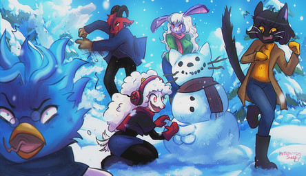 anthro beak clothing evergreen_tree female fluffy fur group hair male open_mouth pine_tree plant smile snow snowman tail tongue tree potatosheep lucipurr agatha_(potatosheep) bonnie_(potatosheep) lucifer_(potatosheep) miguel_(potatosheep) molly_(potatosheep) avian bird bovid caprine domestic_cat felid feline felis goat lagomorph leporid mammal rabbit sheep absurd_res digital_media_(artwork) hi_res trans_(lore) trans_woman_(lore)