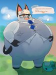 after_eating air_puff animal_crossing anthro belly belly_inflation big_belly biped black_tail blimp_fruit_(super_mario_galaxy_2) bottomless button_(fastener) clothed clothing cute_fangs dialogue digital_drawing_(artwork) digital_media_(artwork) domestic_cat dress_shirt english_text eyewear featureless_crotch felid feline felis food fruit full-length_portrait glasses grass grey_body hair header_box heterochromia hi_res huge_belly hyper hyper_belly inflation inner_ear_fluff male mammal necktie nintendo nuumatic open_mouth outside plant portrait puffed_cheeks raymond_(animal_crossing) shirt sky solo sound_effects standing straining_buttons suit tail tan_hair text text_box topwear torn_clothing torn_topwear tuft wearing_glasses