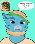 anthro blue_body blue_eyes blue_fur dialogue food_costume front_view fur male real simple_background solo text d_geazz cartoon_network the_amazing_world_of_gumball gumball_watterson domestic_cat felid feline felis mammal absurd_res bust_portrait english_text hi_res portrait