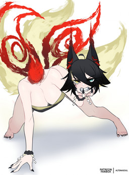 breasts cleavage clothed clothing detachable detachable_head female fire_instead_head headless holding_head holding_own_head multi_tail solo tail altenasoul european_mythology irish_mythology mythology dullahan humanoid hi_res