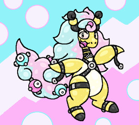 abstract_background ambiguous_gender belly body_harness bondage_straps clothing feral fluffy fluffy_hair fluffy_tail hair harness horn implied_permanent implied_transformation infinity_symbol latex latex_clothing latex_skinsuit multicolored_hair simple_background skinsuit solo symbol tail tight_clothing two_tone_hair white_belly yellow_body squeakitties nintendo pokemon rubbermon iono_(pokemon) generation_1_pokemon generation_6_pokemon magnemite mega_ampharos mega_evolution pokemon_(species) aliasing digital_media_(artwork) hi_res microsoft_paint_(artwork)
