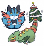 ambiguous_gender christmas_star christmas_tree christmas_tree_topper daww duo feral holidays plant simple_background tree white_background huiro christmas nintendo pokemon generation_6_pokemon mega_evolution mega_sceptile mega_swampert pokemon_(species)