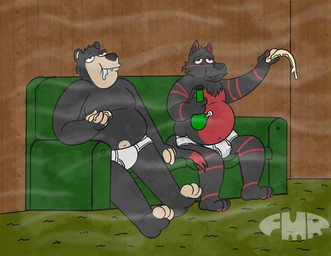 anthro barefoot black_body black_fur black_nose bodily_fluids bong briefs briefs_only brown_wals clothed clothing dirty_underwear drooling drugs duo eating feet fur furniture green_carpet green_sofa green_text half-closed_eyes inside male marijuana_smoke markings monotone_briefs monotone_clothing monotone_underwear narrowed_eyes red_body red_eyes red_fur saliva sharp_teeth sofa striped_markings stripes substance_intoxication teeth text tighty_whities topless topless_male underwear underwear_only wall_(structure) white_briefs white_clothing white_underwear wood wood_wall foxmanad dom_(foxmanad) bear black_bear mammal ursine signature