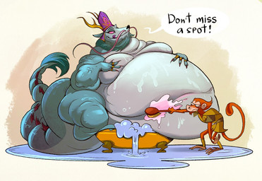 anthro antlers assisted_bathing bathtub belly big_belly blue_body blue_hair blue_scales bubble_bath claw_foot_bathtub clothed clothing dialogue duo facial_hair forced_labor frown fur hair horn jewelry love_handles male moobs morbidly_obese mostly_nude mustache obese obese_anthro obese_male overweight overweight_anthro overweight_male red_body red_fur scales scrubbing simple_background size_difference smile tail text thick_tail water wide_hips daddyzagur journey_to_the_west mythology the_monkey_king_(netflix) ao_guang dragon_king sun_wukong aquatic aquatic_dragon dragon eastern_dragon haplorhine mammal monkey mythological_creature mythological_scalie primate scalie 2024 english_text