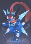 ambiguous_gender blue_body blue_skin feral grey_background long_tongue ranged_weapon red_eyes semi-anthro shuriken simple_background solo tongue weapon tessy nintendo pokemon ash-greninja amphibian generation_6_pokemon greninja pokemon_(species) hi_res