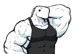 anthro big_muscles black_clothing clothing dark_topwear male muscular muscular_anthro muscular_male shirt simple_background solo tank_top topwear white_body dynogreeno largo_(dynogreeno) dinosaur prehistoric_species reptile scalie hi_res