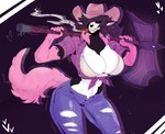 anthro athletic athletic_female axe battle_axe big_breasts bone bottomwear bra breasts cigar clothing cowboy_hat denim denim_bottomwear denim_clothing female hat headgear headwear heart_symbol holding_battle_axe holding_melee_weapon holding_object holding_weapon jeans melee_weapon pants pink_eyes shirt skull skull_head smoking smoking_cigar solo tail tied_shirt topwear torn_bottomwear torn_clothing torn_jeans torn_pants underwear weapon wide_hips snoozysoozyy canid canine mammal skulldog_(species) absurd_res hi_res