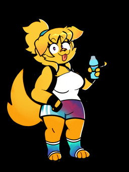 anthro athletic_wear backpack bandage bandage_on_face bandage_on_nose big_breasts blep bottle bottomwear breasts clothing container female fingerless_gloves footwear gloves gym_bottomwear gym_shorts hair handwear looking_at_viewer muscular muscular_female ponytail shirt shorts socks solo tail tank_top tongue tongue_out topwear water_bottle maio oiamoeyh brooke_(heyomaerow) bird_dog canid canine canis domestic_dog golden_retriever hunting_dog mammal retriever 3:4 hi_res