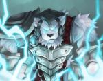 anthro armor black_nose blue_eyes clothed clothing facial_hair fur glowing glowing_eyes lightening magic male muscular muscular_anthro muscular_male smile solo teeth white_body white_fur lowerkuo league_of_legends riot_games tencent volibear bear mammal 2014