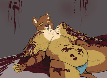 5_fingers anthro blood blood_pool blue_clothing blue_panties blue_underwear bodily_fluids breasts brown_eyes chest_tuft clothing corpse dead_eyes death excessive_blood exposed_breast_tissue eyes_rolled_up fat_tissue female fingers gore panties solo tuft underwear necro felid lion mammal pantherine 11:8 2025 half-length_portrait hi_res portrait signature