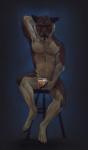 anthro belly beverage biped brown_body brown_eyes brown_fur coffee coffee_mug container covering covering_crotch covering_self cup fur furniture looking_at_viewer male mature_male navel nude raised_arm simple_background sitting solo stool tan_belly tan_body tan_fur thrushes canid canine canis domestic_dog mammal